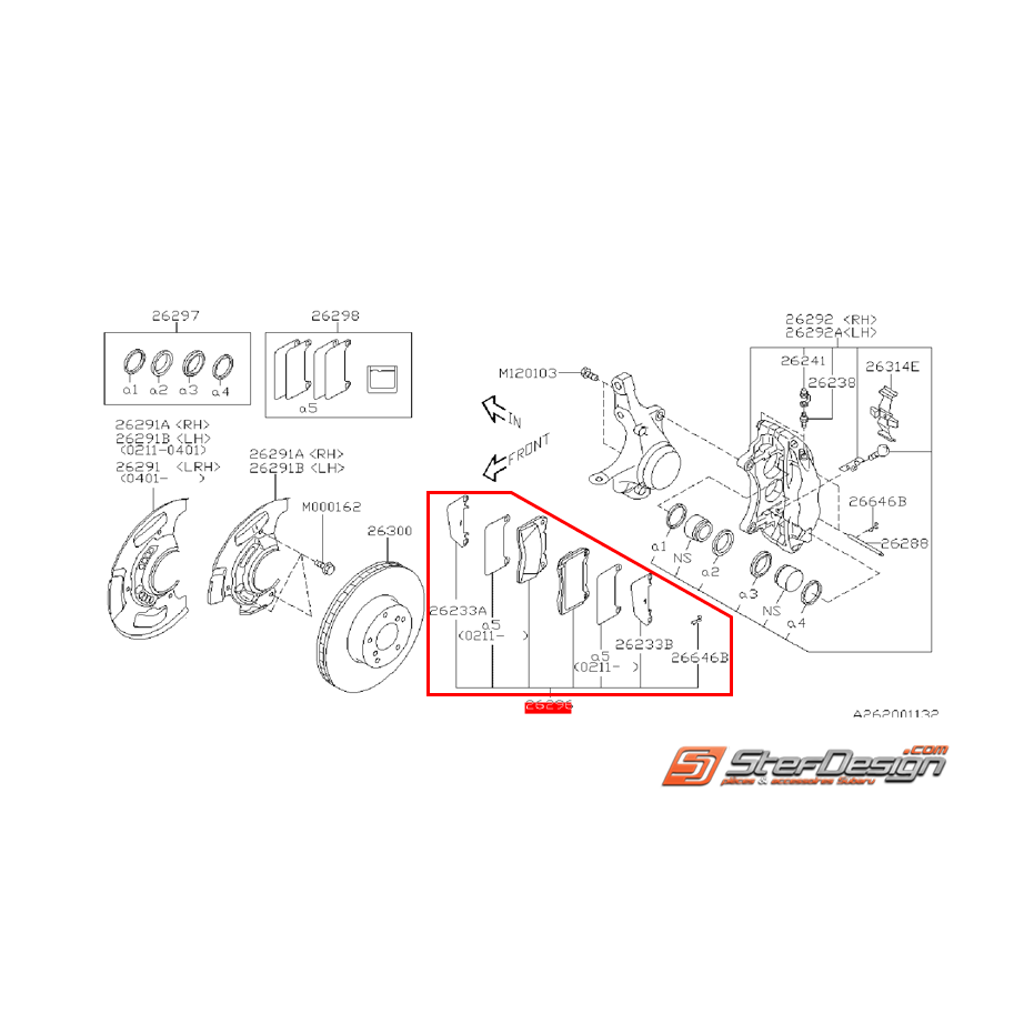 Kit plaquettes de frein et entretoise avant origine SUBARU STI 01-14