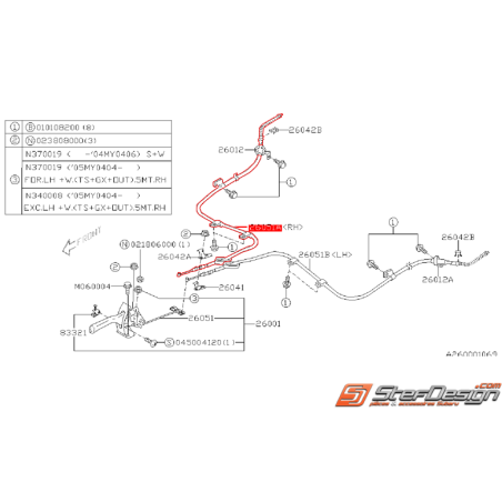 Câble de frein a main droit STI 06-07