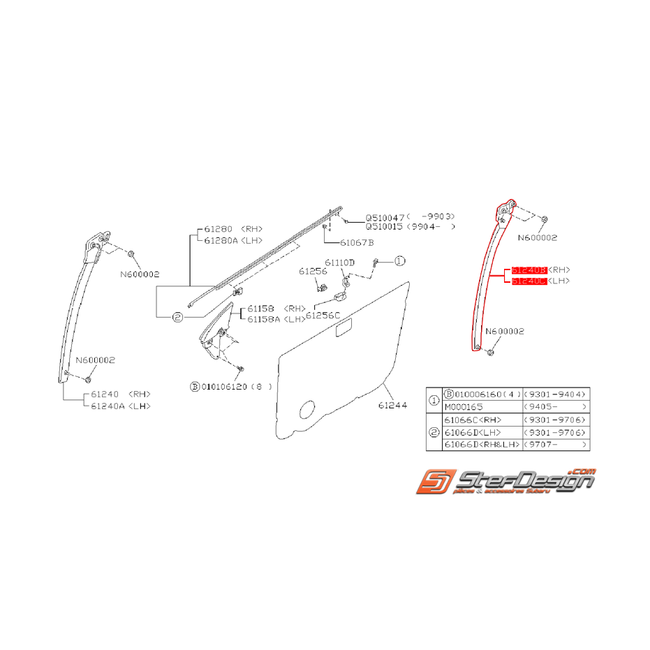 Glissière latérale arrière de vitre avant GT 97-00 Glissière latérale arrière de vitre avant GT 97-00