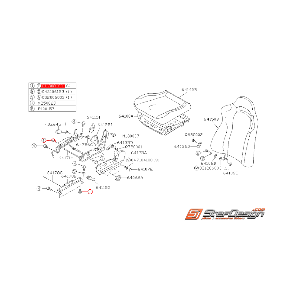Vis de fixation de rail siège conducteur SUBARU GT 99-00