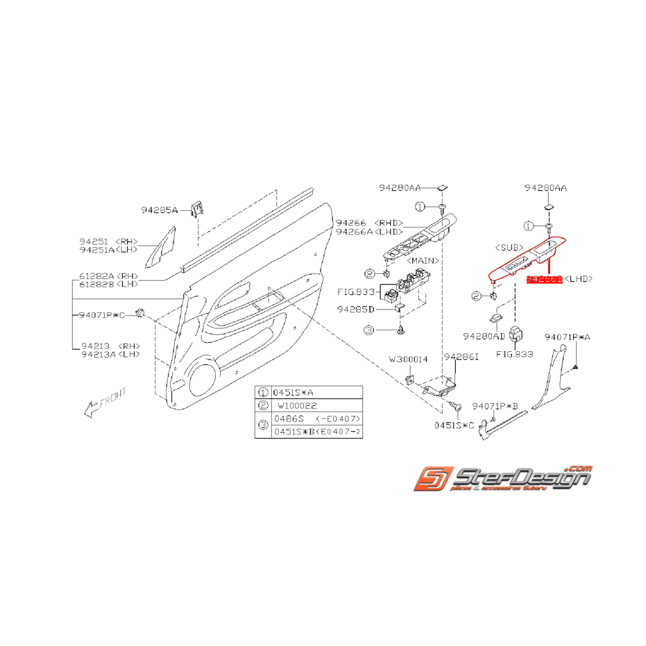 Garniture de bouton de lèvre vitre côté passager WRX/STI 05-07 Garniture de bouton de lèvre vitre côté passager WRX/STI 05-07