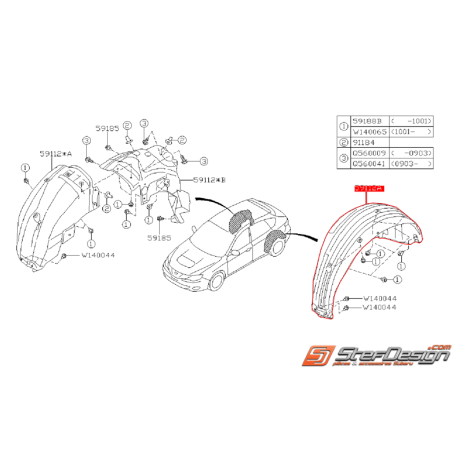 Pare boue arrière côté conducteur SUBARU WRX 08-11