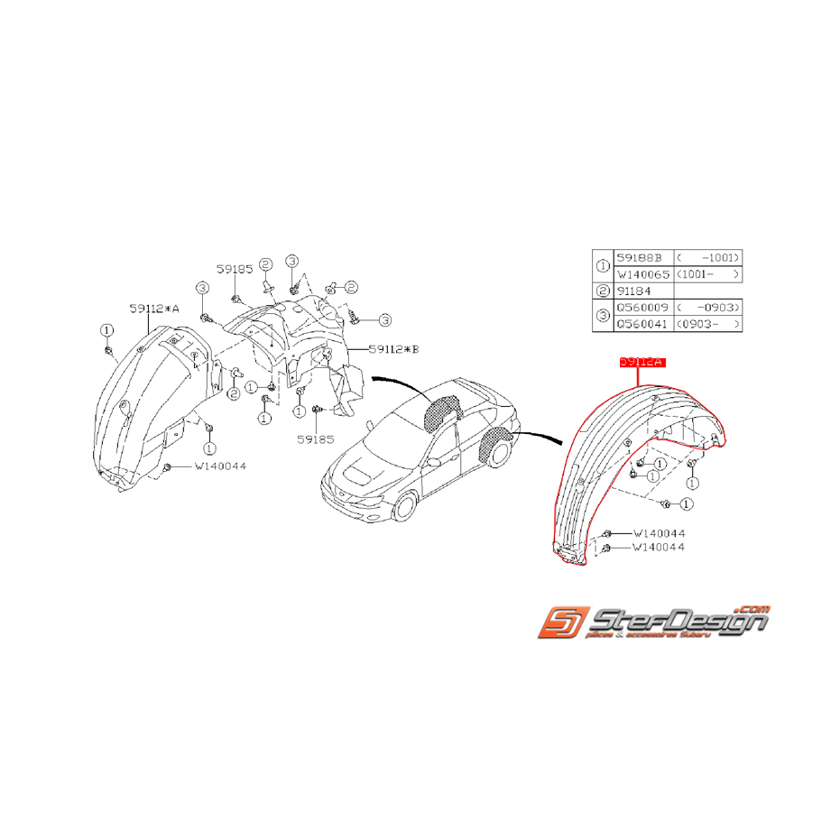 Pare boue arrière côté conducteur SUBARU WRX 08-11
