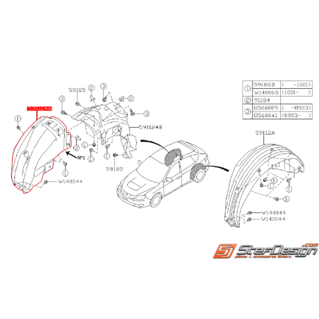 Pare boue arrière côté passager N°1 SUBARU WRX 08-11