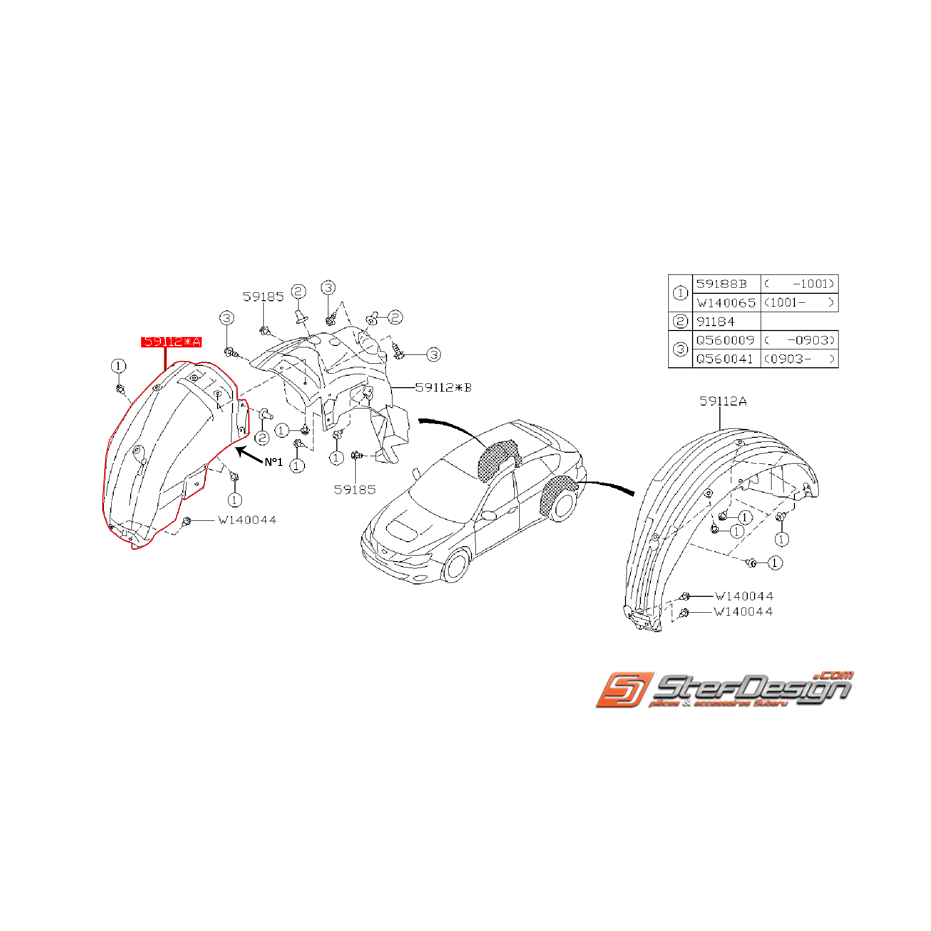 Pare boue arrière côté passager N°1 SUBARU WRX 08-11