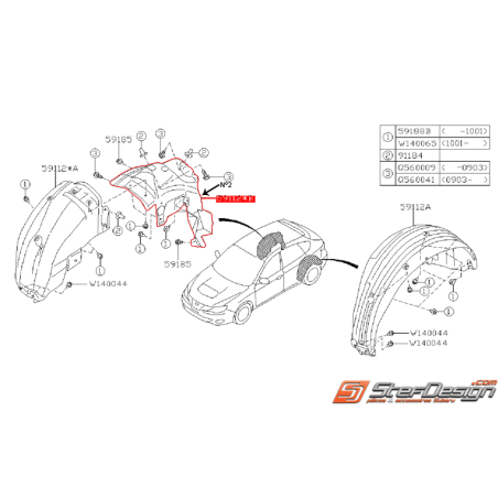 Pare boue arrière côté passager N°2 SUBARU WRX 08-11