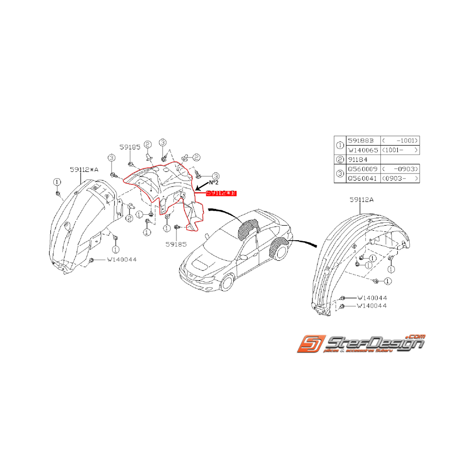 Pare boue arrière côté passager N°2 SUBARU WRX 08-11
