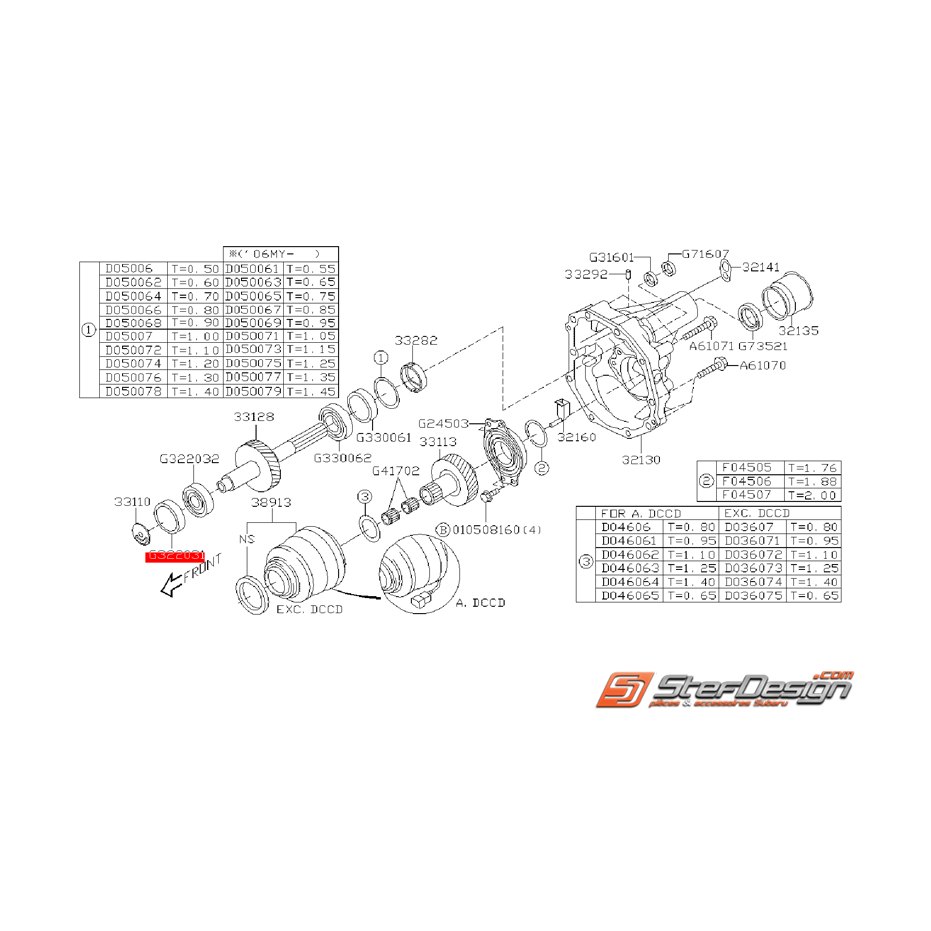 Roulement de boite de transfert boite 6 vitesses SUBARU STI 01-18
