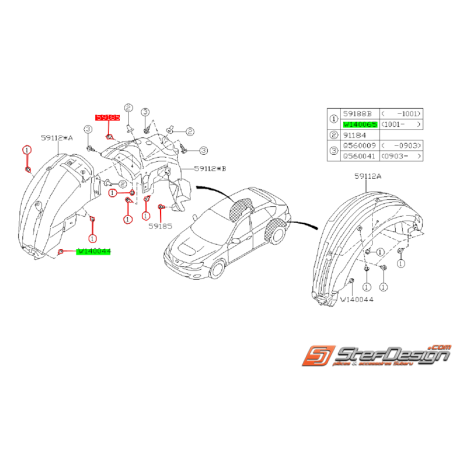 Kit de montage de pare boue arrière droit SUBARU IMPREZA WRX/STI 08-10