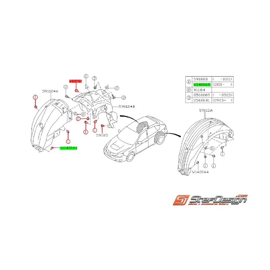 Kit de montage de pare boue arrière droit SUBARU IMPREZA WRX/STI 08-10