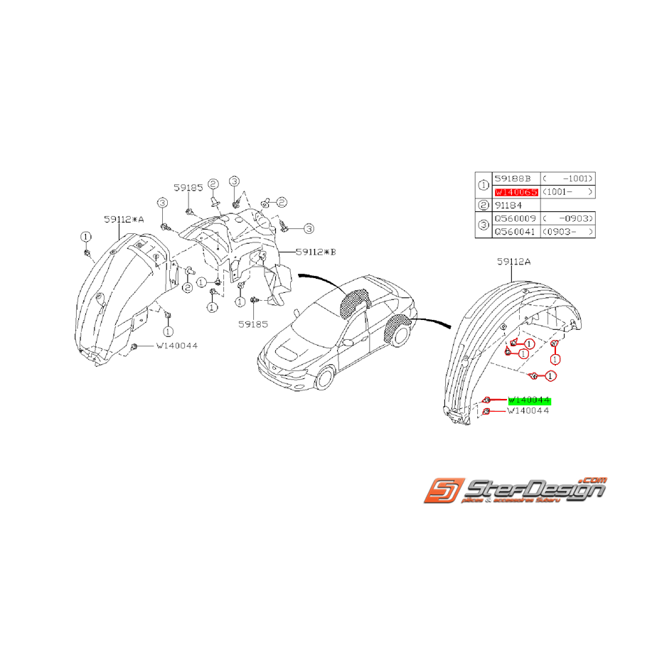 Kit de montage de pare boue arrière gauche SUBARU IMPREZA WRX 08-10