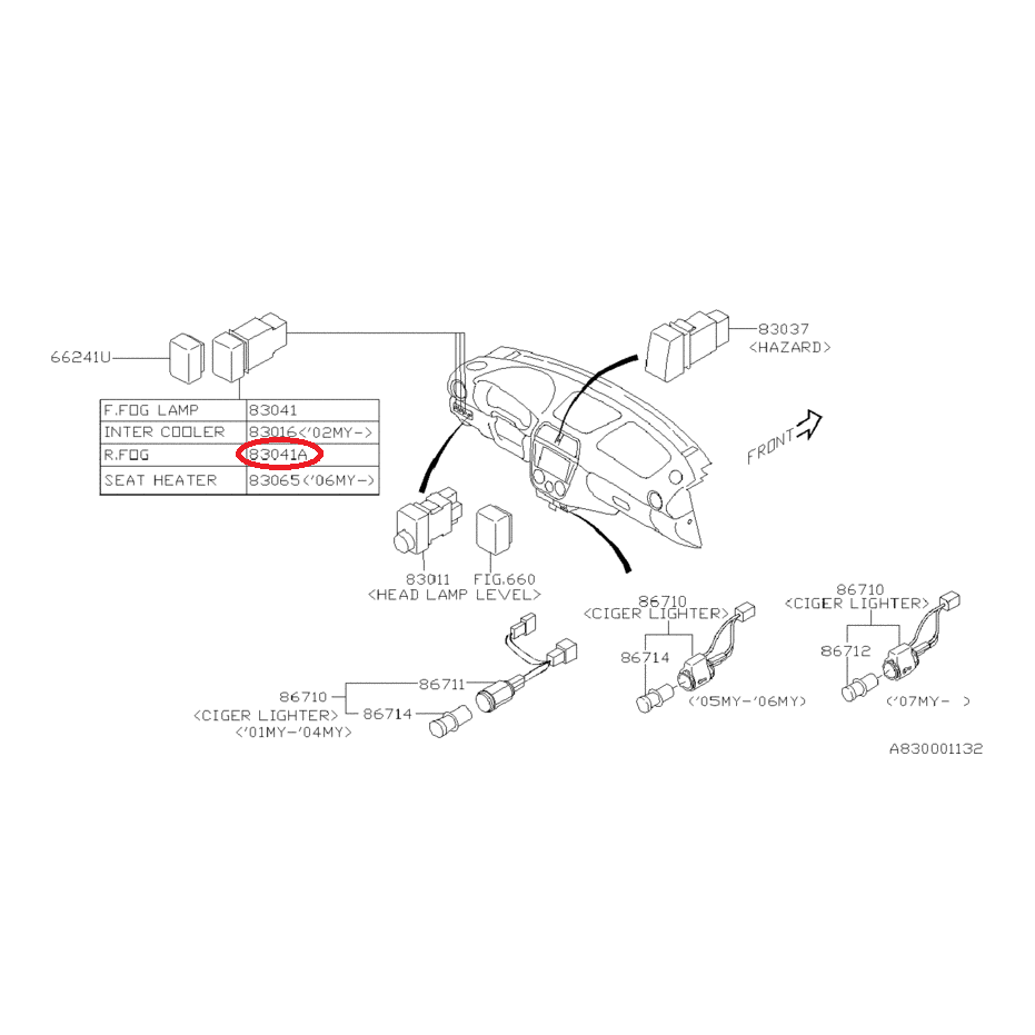 Interrupteur anti-brouillard arrière subaru WRX break 2004-2005