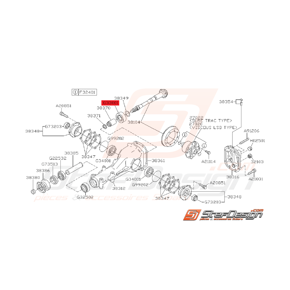 Roulement d'arbre de pont arrière subaru GT 93-00