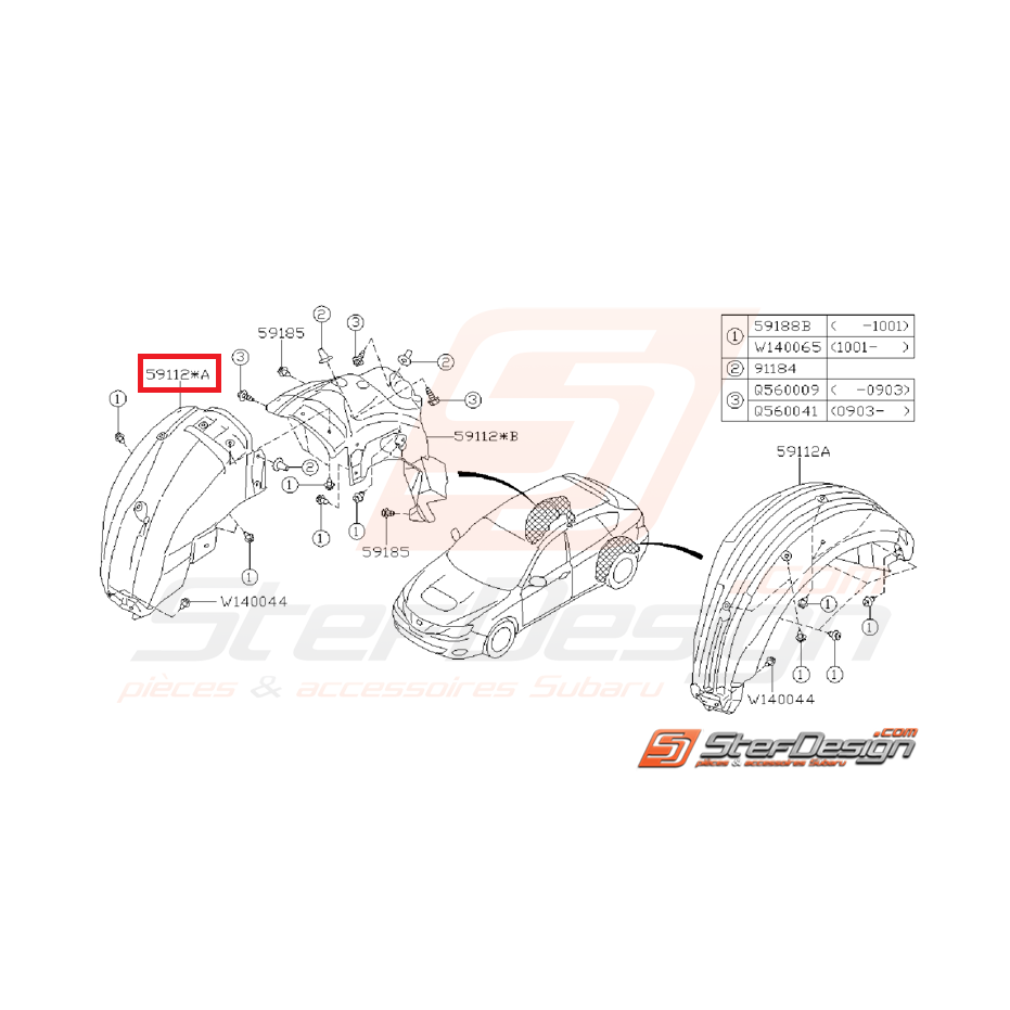 pare boue arrière côté passager N°1 STI 08-14