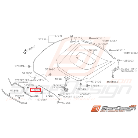 Silent bloc de barre de capot subaru impreza GT 93-00 WRX/STI 01-07