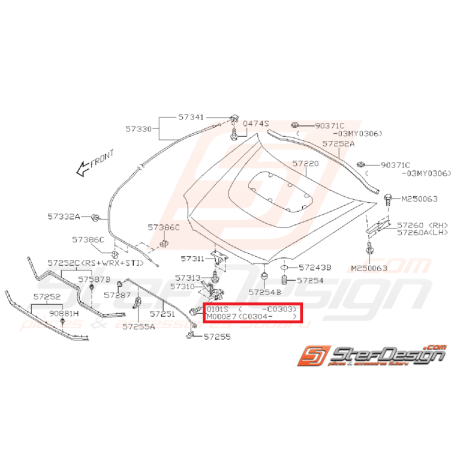 Boulon système de verrouillage capot avant 99-00 WRX/STI 01-07