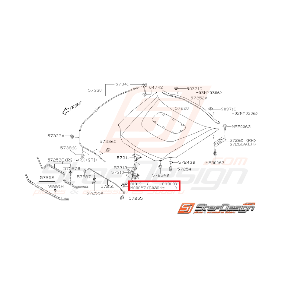 Boulon système de verrouillage capot avant 99-00 WRX/STI 01-07