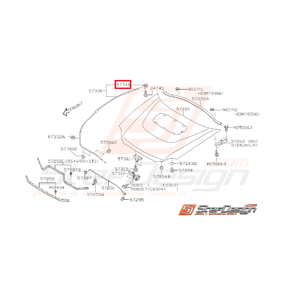 Poignée d'ouverture de capot subaru IMPREZA GT 93-00 STI/WRX 01-07