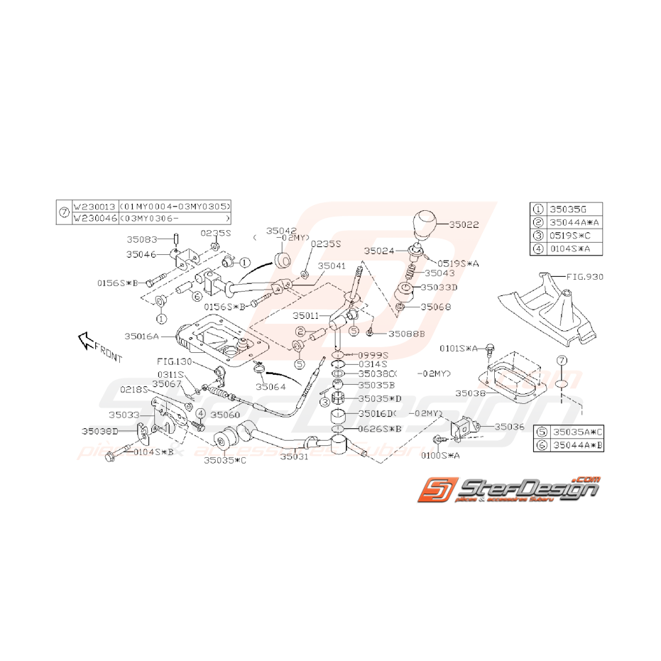 Ensemble levier de vitesse boite 6 vitesse SUBARU STI 01-05
