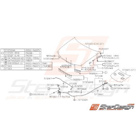 Ensemble capot Subaru Impreza GT 1997 - 2000