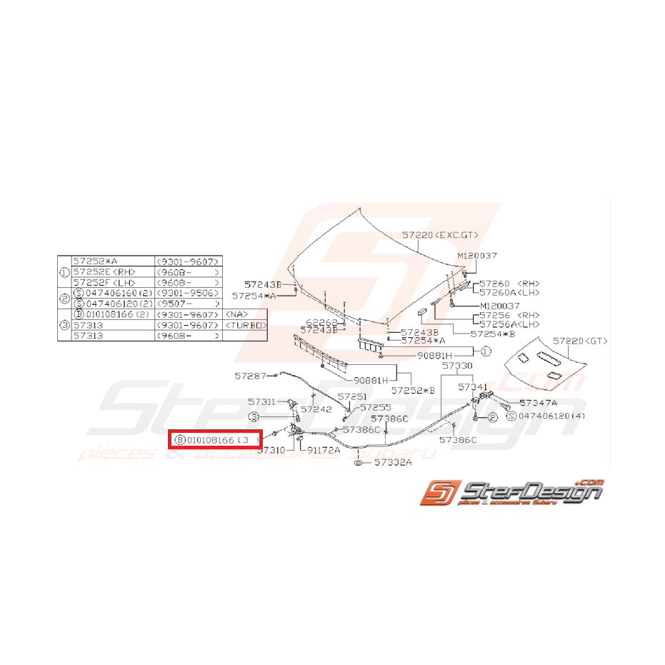 Boulon système de verrouillage capot avant 99-00 WRX/STI 01-07