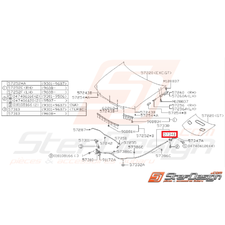 Poignée d'ouverture de capot subaru IMPREZA GT 93-00 STI/WRX 01-07