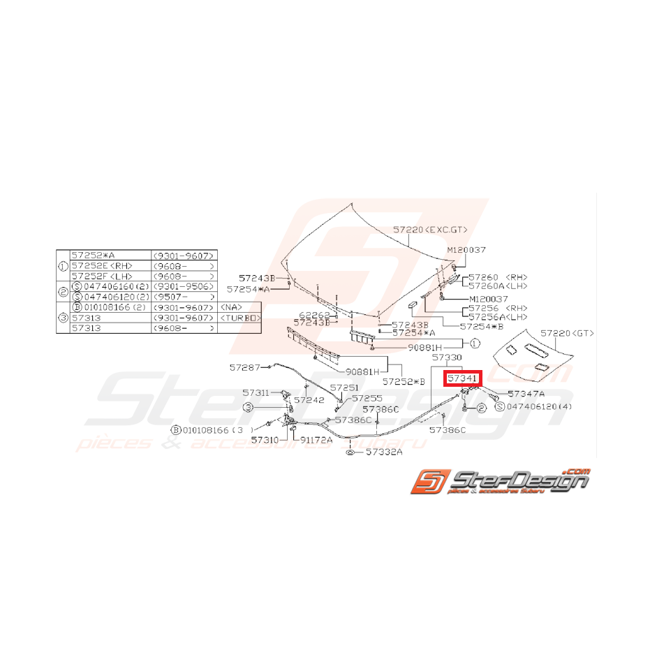 Poignée d'ouverture de capot subaru IMPREZA GT 93-00 STI/WRX 01-07
