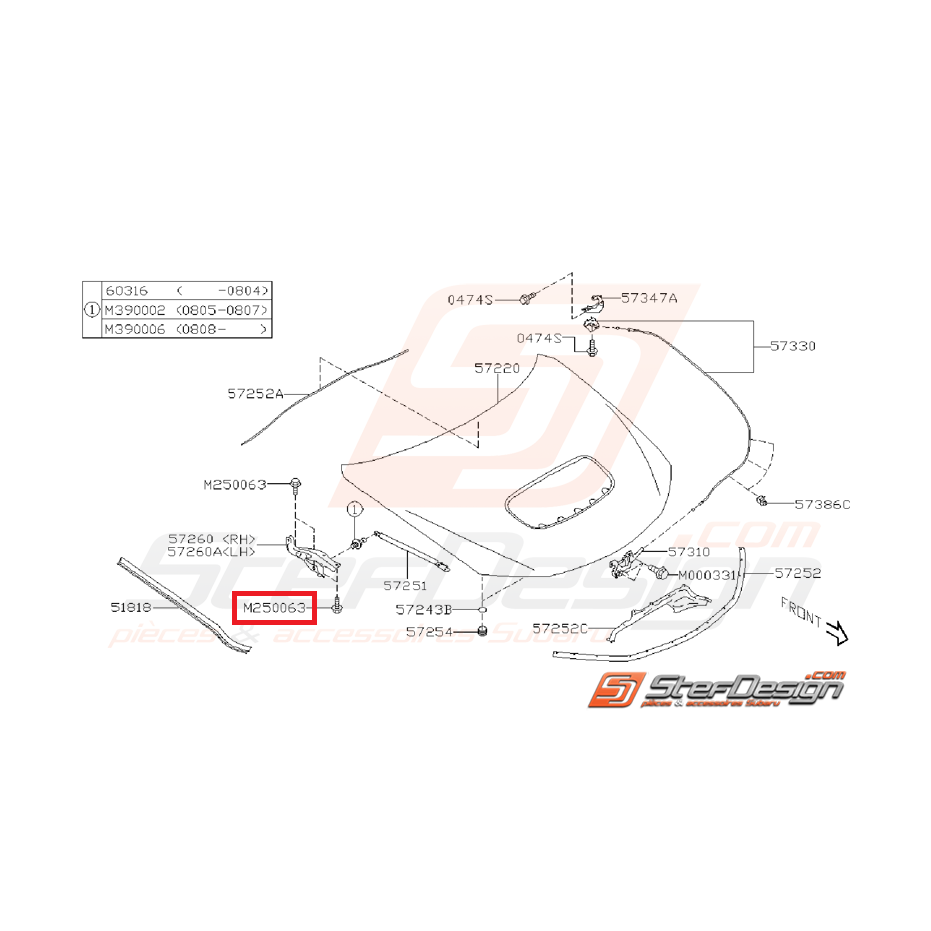 Vis fixation charnière capot avant STI/WRX 01-14