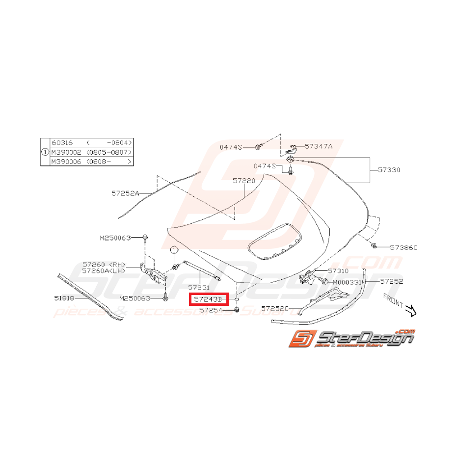 Protection butée caoutchouc capot STI de 2003 à 2005