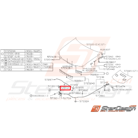 Guide de barre de capot subaru impreza GT 93-00