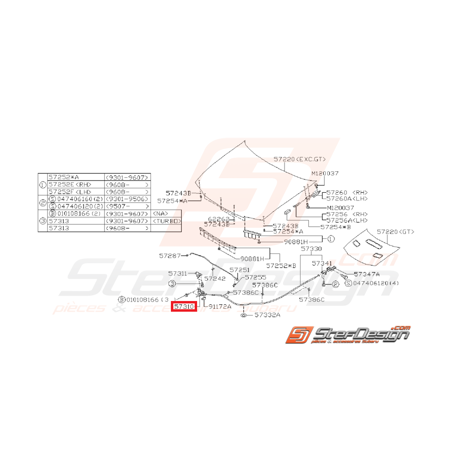 Système verrouillage capot IMPREZA GT 99-00 Système verrouillage capot IMPREZA GT 99-00