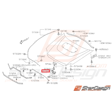 Système de verrouillage capot pour SUBARU WRX et STI de 2001 à 2002.