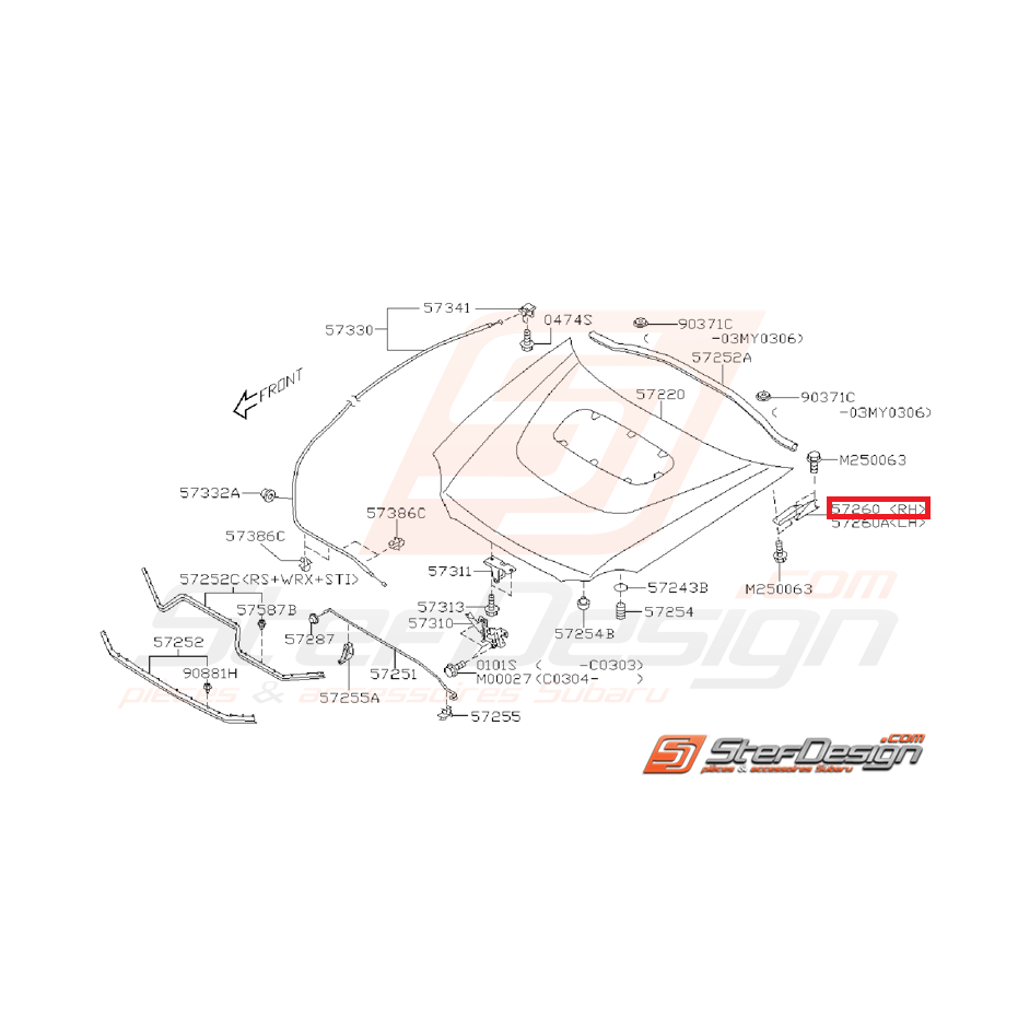 Charnière capot complète avant WRX/STI 01-07