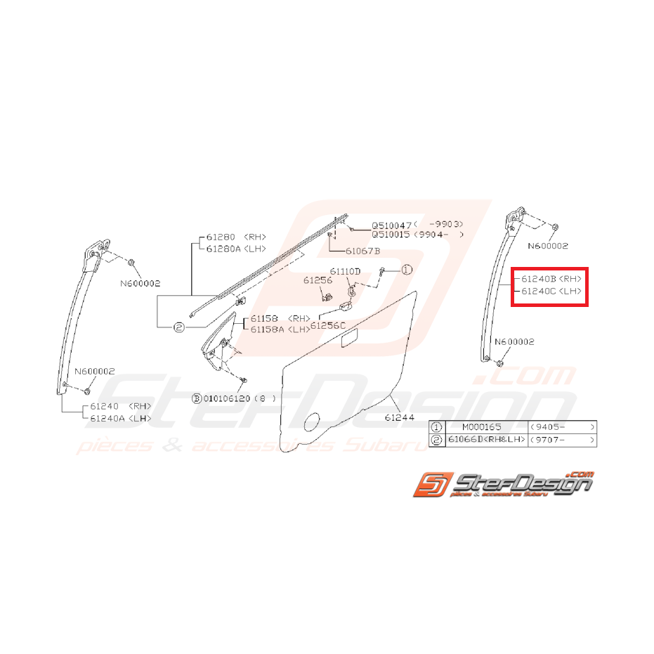 Glissière latérale arrière de vitre avant GT 97-00 Glissière latérale arrière de vitre avant GT 97-00