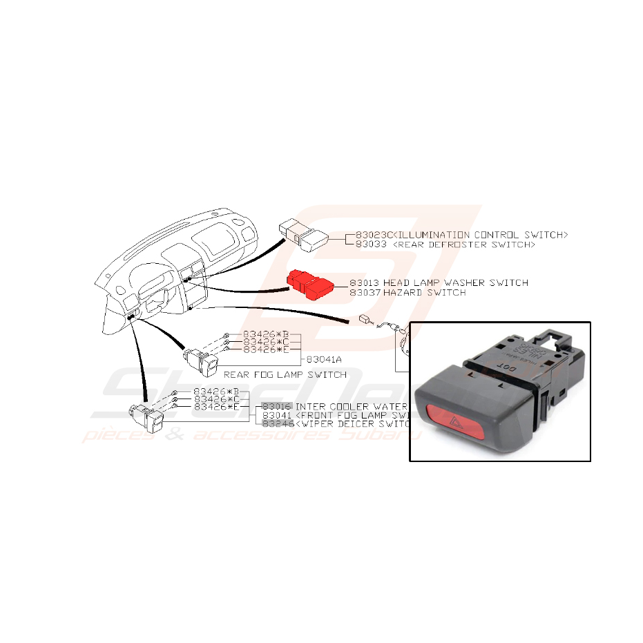 Bouton de feu de détresse subaru impreza GT 1998-2000