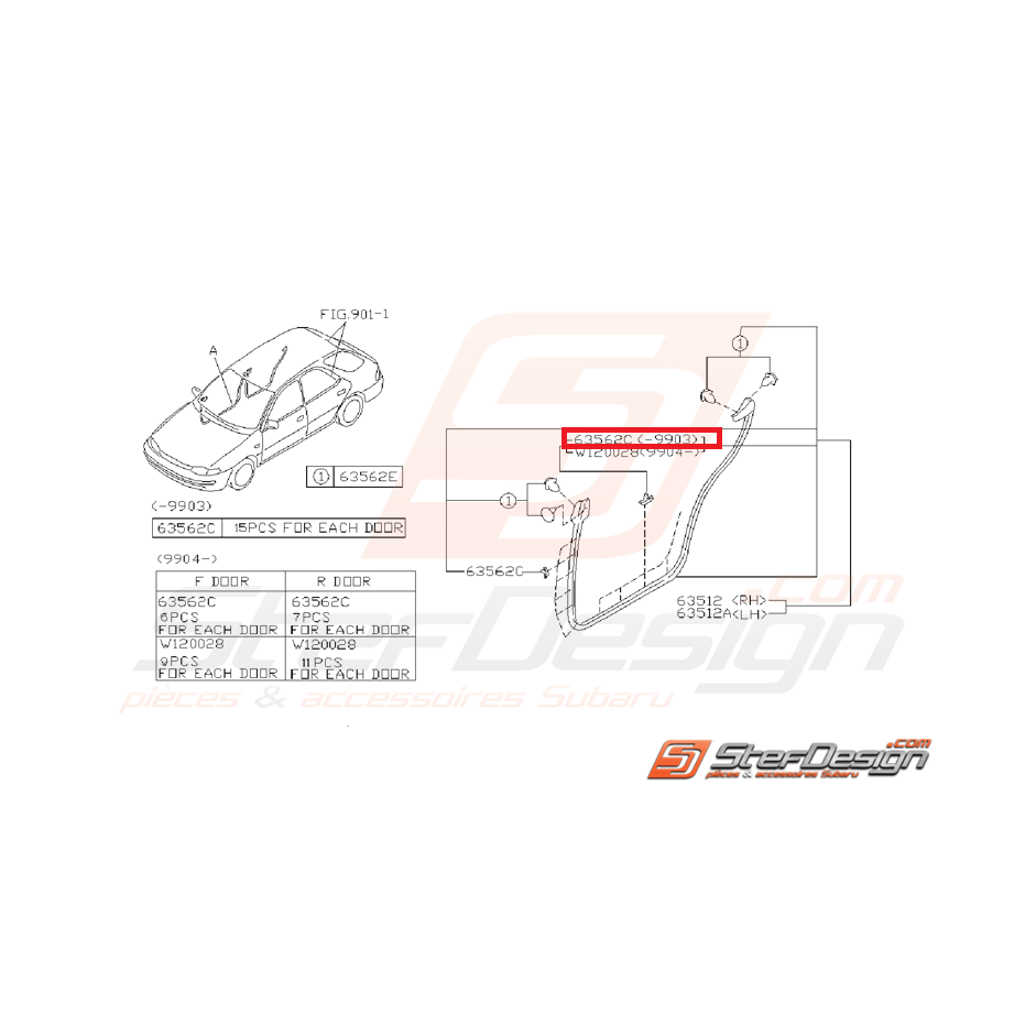 Clips bourrelet inférieur et supérieur d'étanchéité porte IMPREZA GT 97-03/99 Clips bourrelet inférieur et supérieur d'étanchéité porte IMPREZA GT 97-03/99