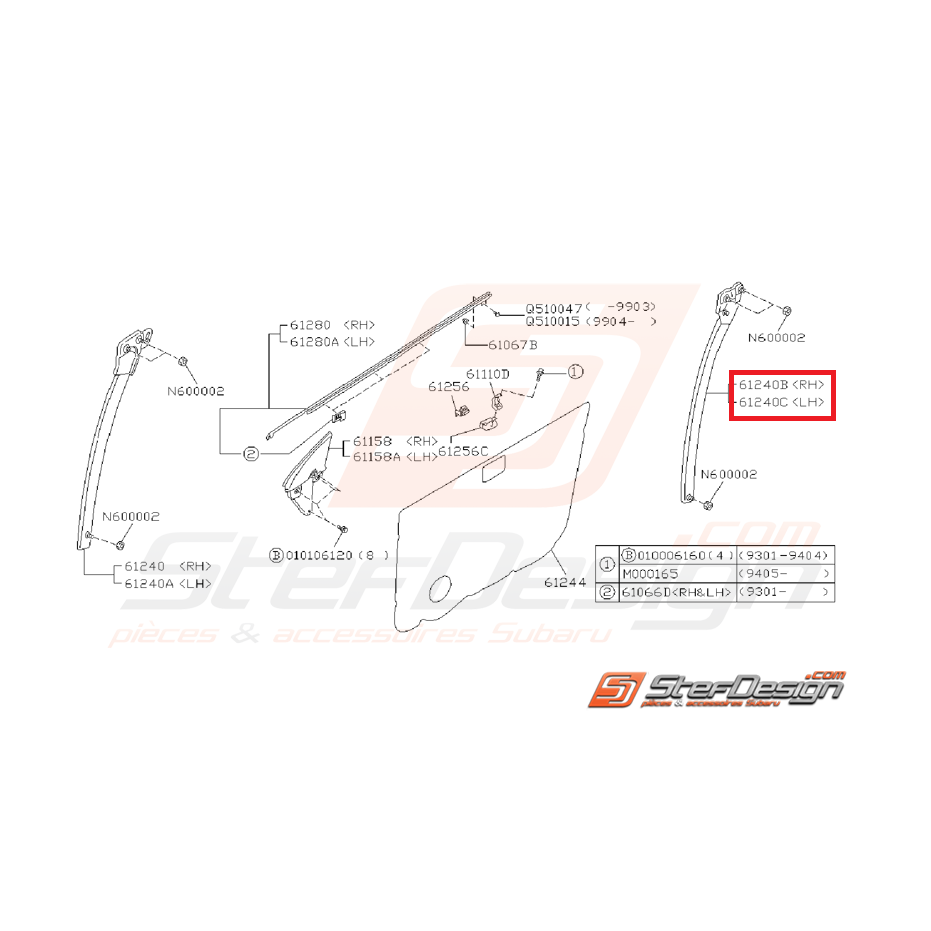 Glissière latérale arrière de vitre avant GT 97-00 Glissière latérale arrière de vitre avant GT 97-00