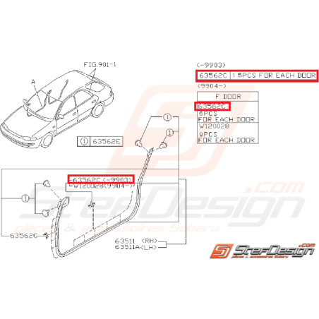 Clips bourrelet inférieur et supérieur d'étanchéité porte IMPREZA GT 97-03/99