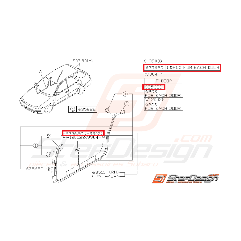 Clips bourrelet inférieur et supérieur d'étanchéité porte IMPREZA GT 97-03/99 Clips bourrelet inférieur et supérieur d'étanchéité porte IMPREZA GT 97-03/99