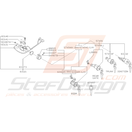 Schéma de Serrures et Clés Origine Subaru GT 1993 - 1997