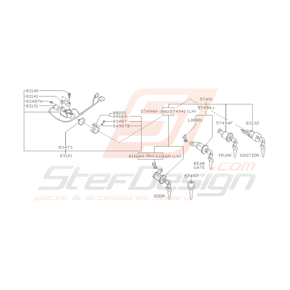 Schéma de Serrures et Clés Origine Subaru GT 1993 - 1997