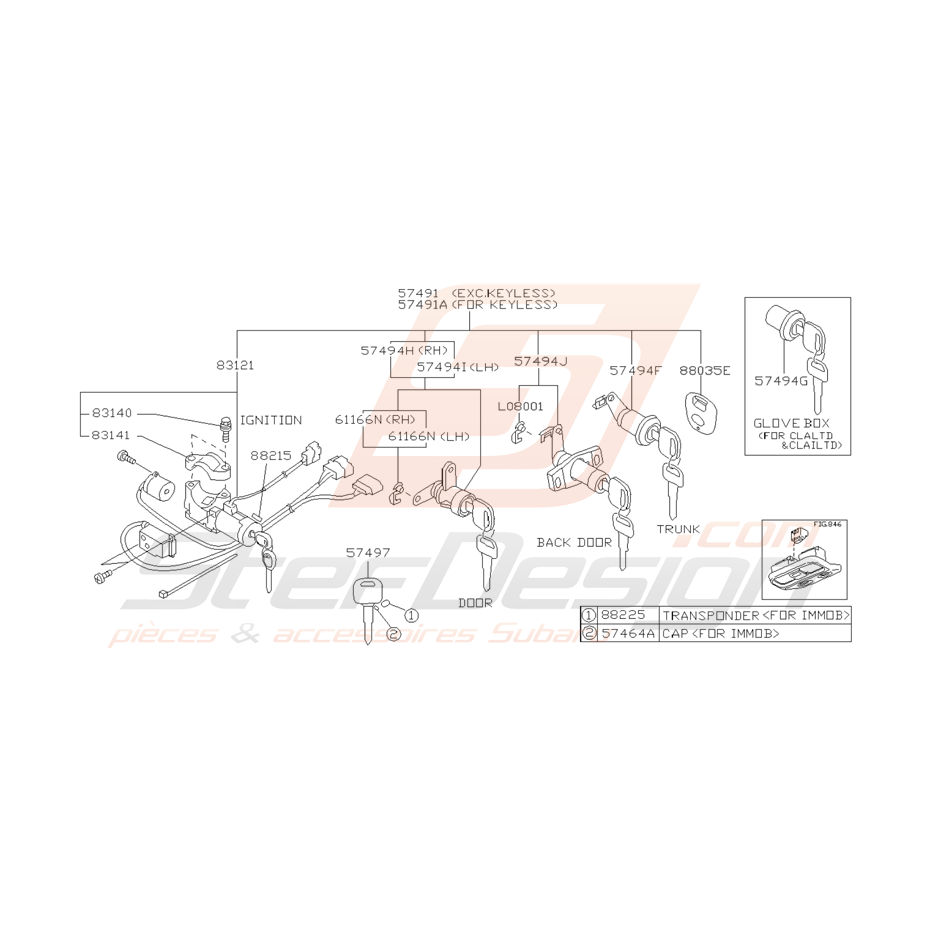 Schéma de Serrures et clés Origine Subaru Impreza GT 1998 - 2000