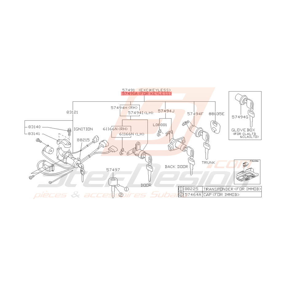 Ensemble des Serrures et Clés Origine Subaru GT 1999 - 2000