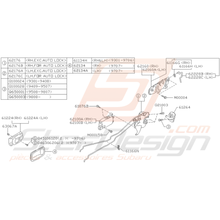 Schéma Poignée et fermeture Porte Arrière Origine Subaru GT 93 - 00