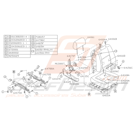 Schéma Siège Passager Origine Subaru Impreza GT 1993 - 1996