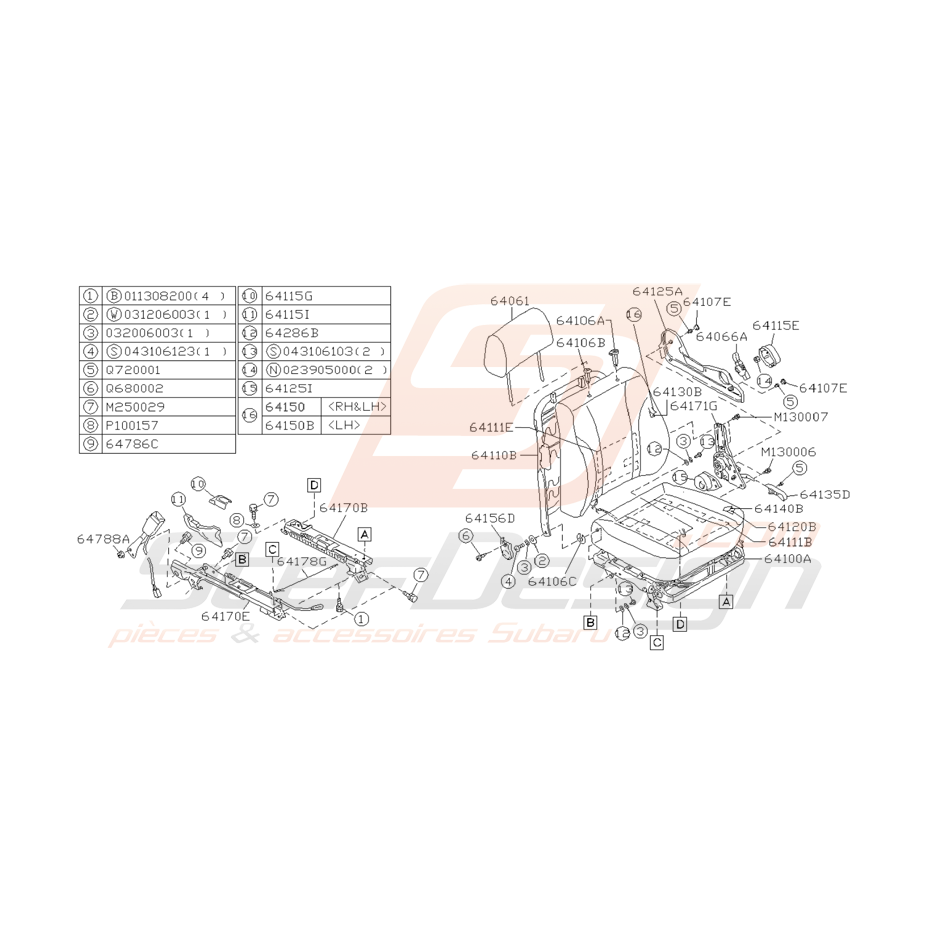 Schéma Siège Conducteur Origine Subaru Impreza GT 1993 - 1996
