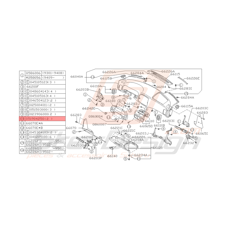 Ressort de Tableau de Bord Origine Subaru Impreza GT 1993 - 1997
