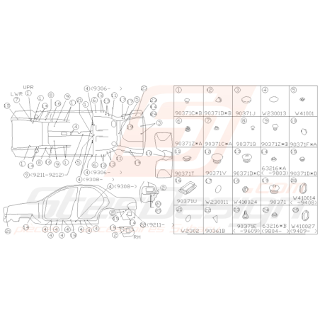Schéma clips et joints de carrosserie Origine Subaru Impreza GT 1993-2000