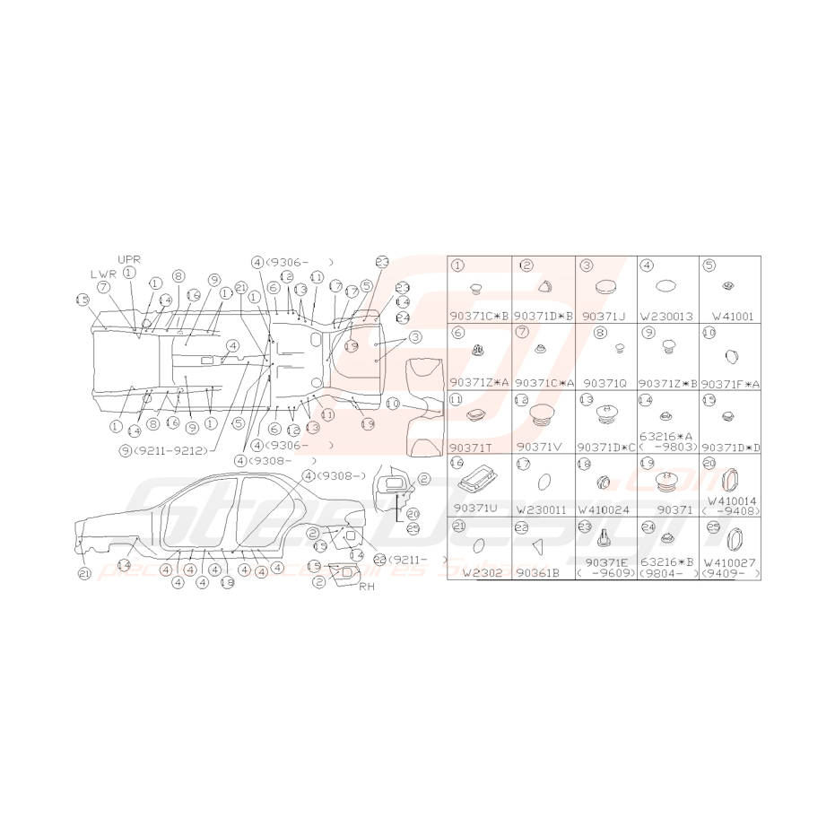 Schéma clips et joints de carrosserie Origine Subaru Impreza GT 1993-2000 Schéma clips et joints de carrosserie Origine Subaru Impreza GT 1993-2000