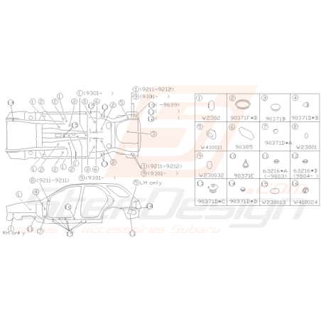 Schéma clips et joints de carrosserie Origine Subaru Impreza GT 1993-2000